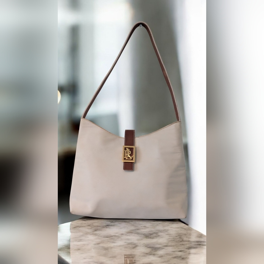 Beautiful Chic Lauren Tote By Ralph Lauren, White With Brown Accents.